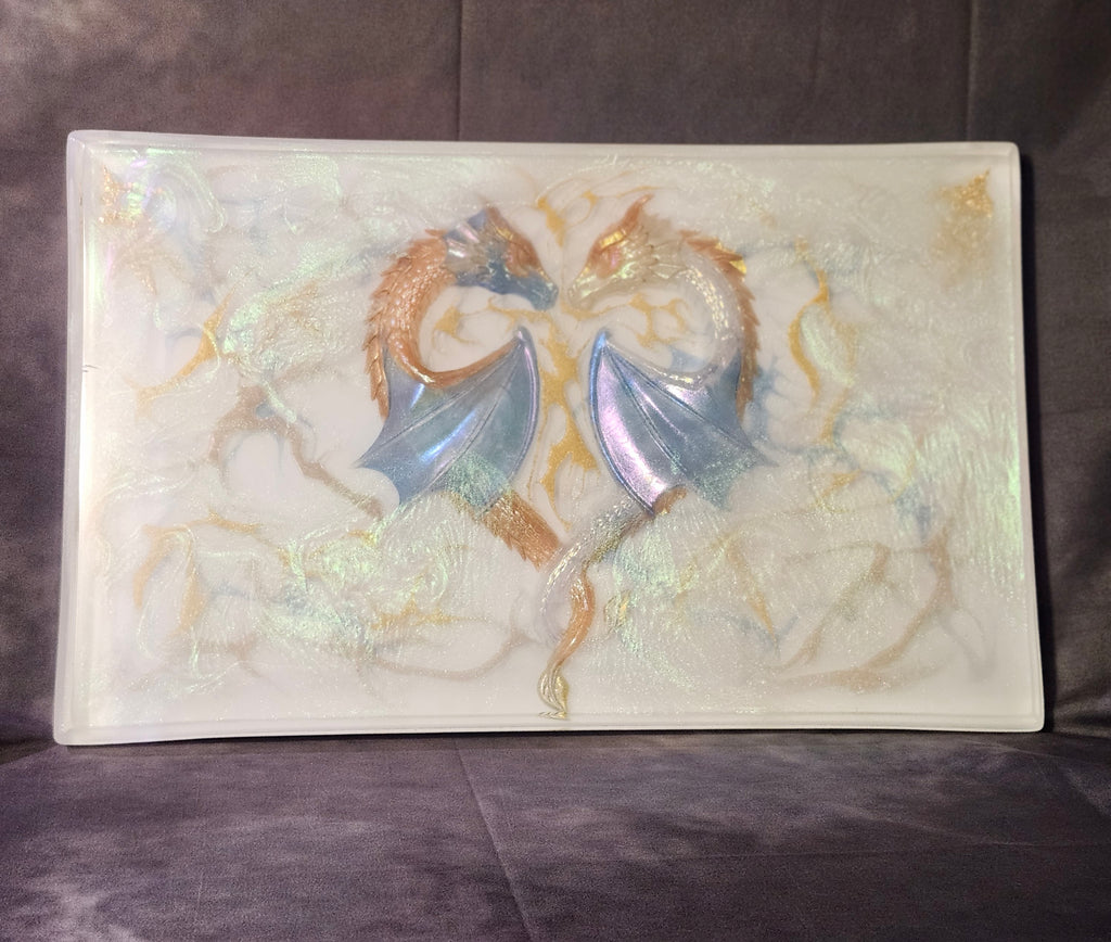 Azure and gold dragons, MTG playmat, fantasy tabletop board, and wall art