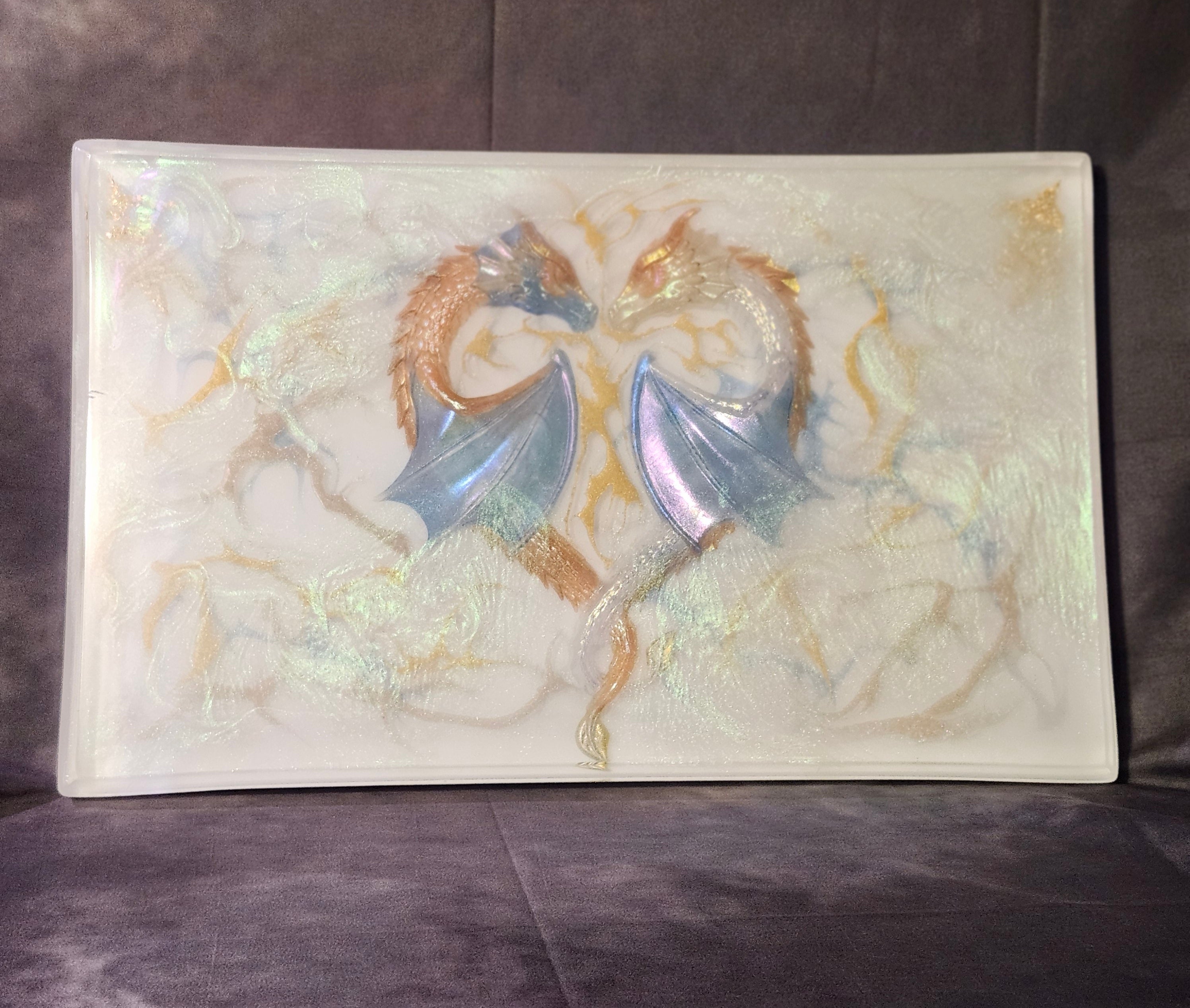 Azure and gold dragons, MTG playmat, fantasy tabletop board, and wall art