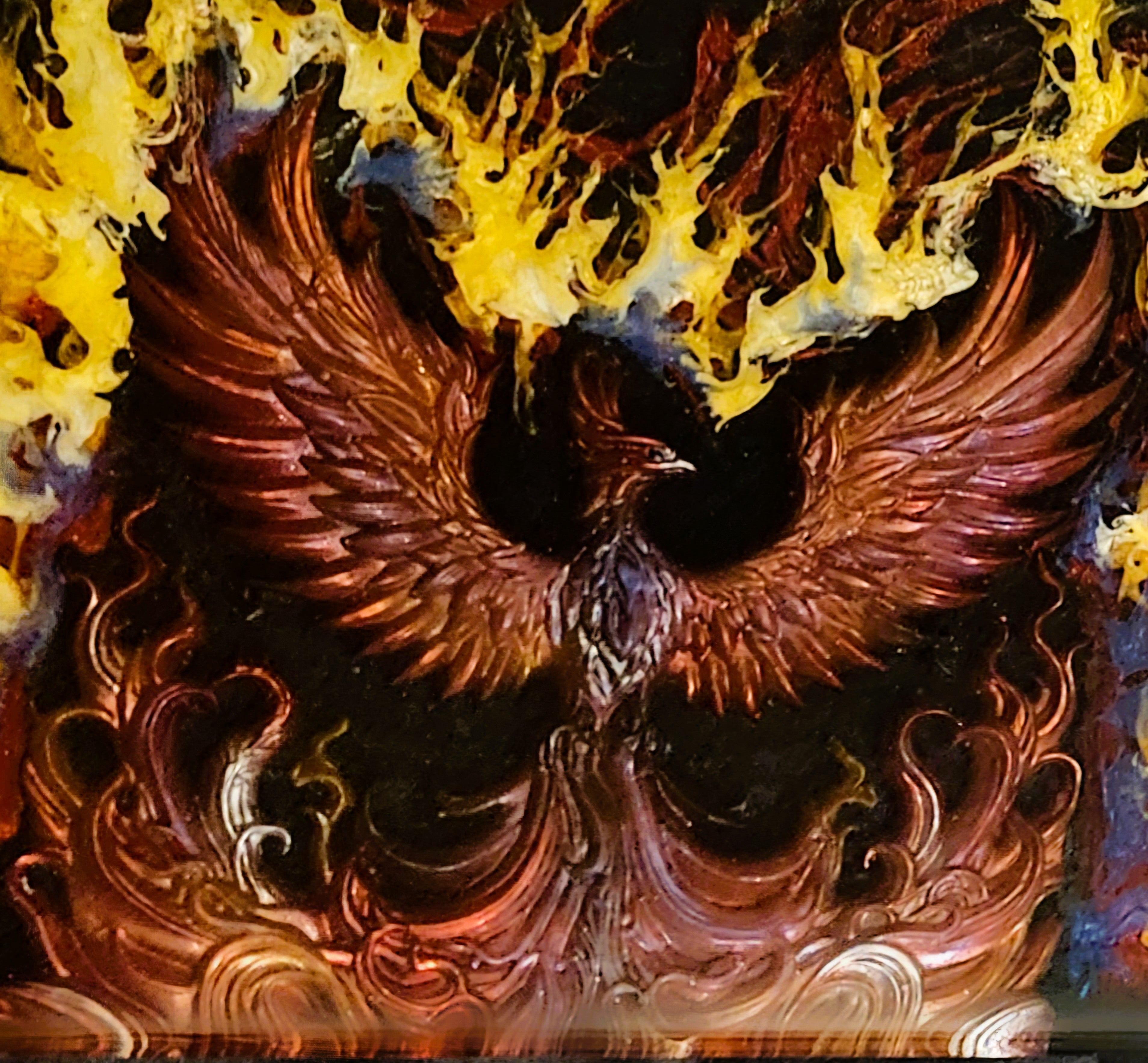 Immortal Flame — Luxury-Phoenix-Resin Art-Board with Metal Display Legs
